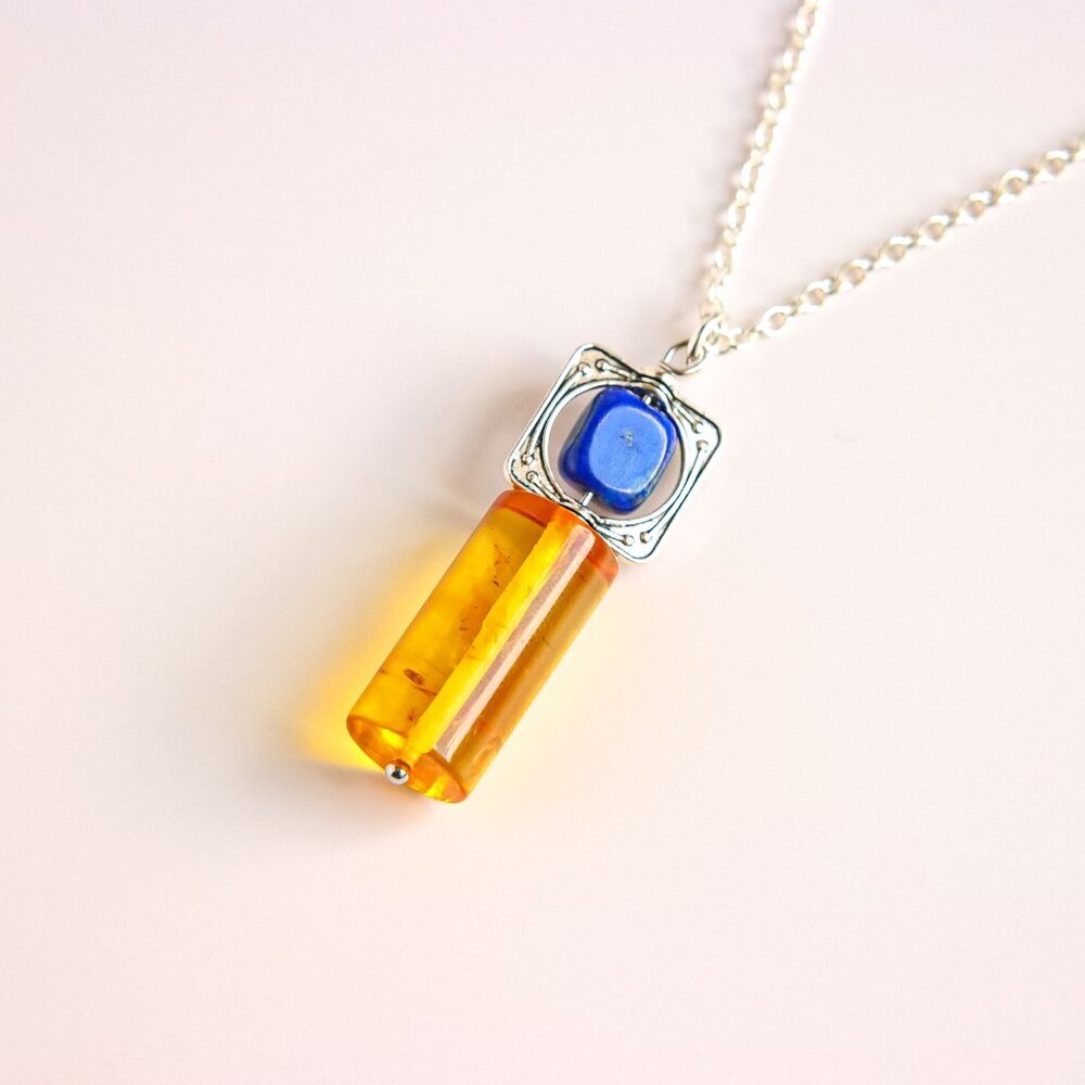 Handmade Amber & Lapis Lazuli Pendant Necklace – 16” Silver Chain